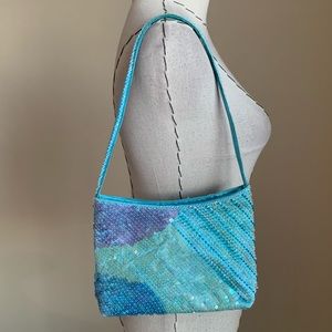 Y2k Luisa Spagnoli Blue Sequin Beaded Shoulder Hand Bag Purse